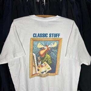 White vintage 90s cartoon single stitch bull winkle Moose Art T-shirt Size‎ XL